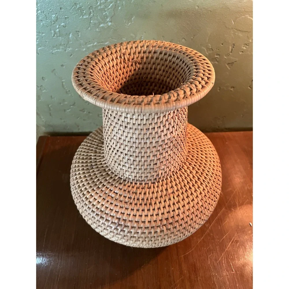 Vintage Woven Rattan Wicker Vase Natural Boho Decorative Flared Rim Vessel